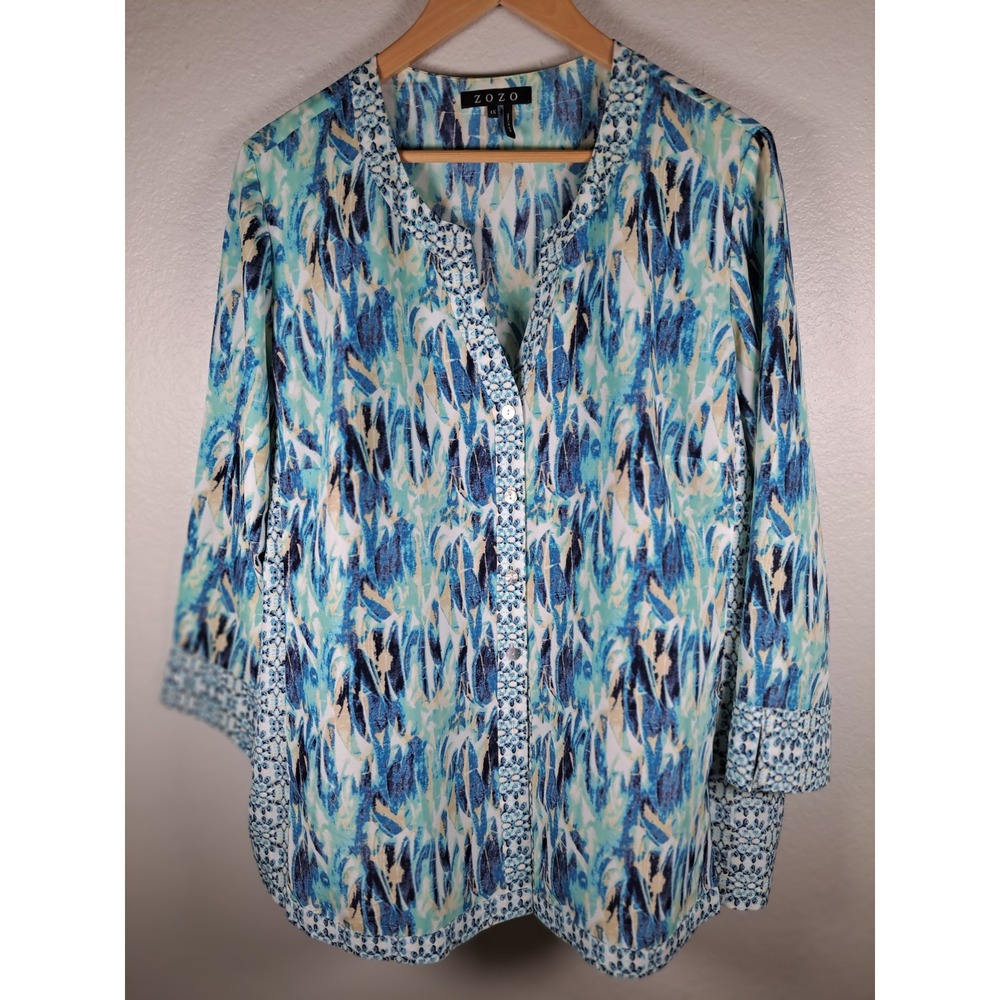Zozo Womens 1X Blue Green Abstract Print Button Front 3/4 Sleeve Blouse Top